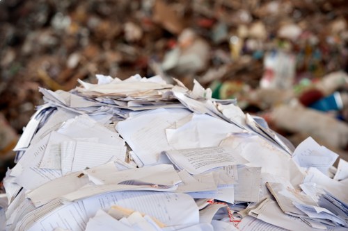 A large pile of mixed paper waste, including crumpled sheets, scattered documents, and printed materials, is situated outdoors on a gravel or dirt surface. The paper appears to be various types, such as office documents, notebooks, and sheets with printed or handwritten text, with some torn or crumpled, indicating discarded or unorganized waste. In the background, there is a blurred view of additional rubbish in shades of brown and grey, suggesting a waste collection or clearance site near a commercial or industrial area. The scene is illuminated by natural daylight, highlighting the textures and disarray of the paper debris, which reflects the kind of rubbish removal service provided by Office Clearance Kings Cross for local businesses or offices in the Kings Cross area or nearby postcode region. The focus on the paper waste emphasizes the type of rubbish that the company handles as part of their office clearance services.
